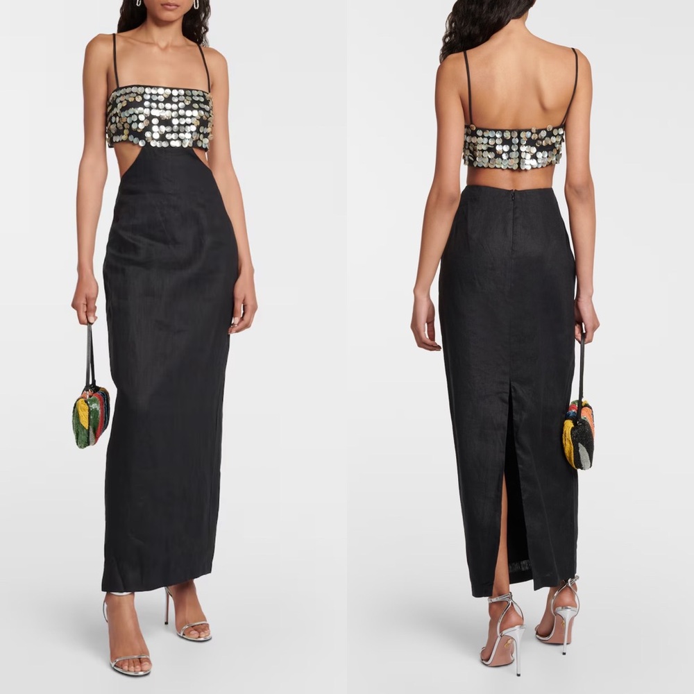 NEW NWT STAUD Jada Embellished Cutout Linen Maxi Dress In Black - Picture 1 of 15